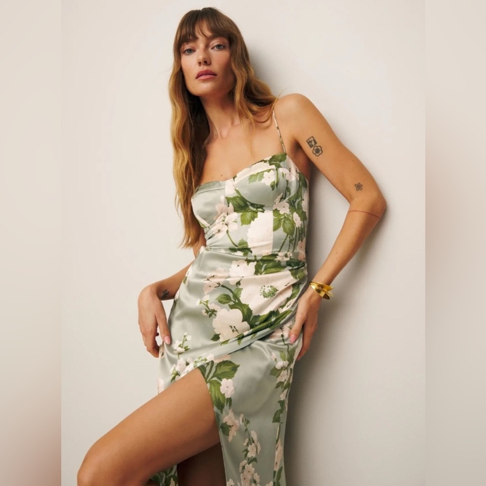 Reformation Green Ruched Slip Dress